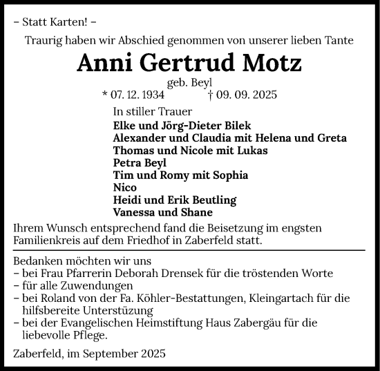 Traueranzeige von Anni Gertrud Motz von GESAMT