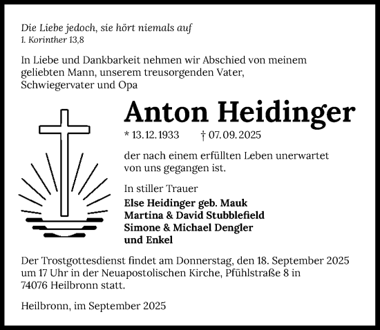 Traueranzeige von Anton Heidinger von GESAMT