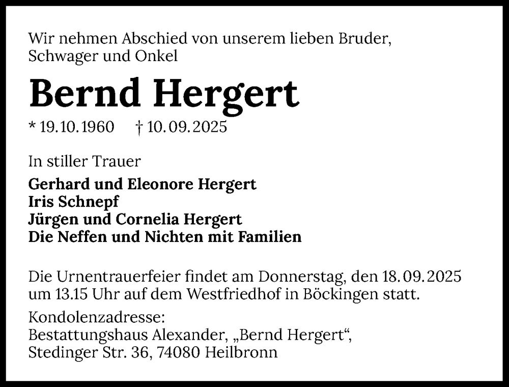  Traueranzeige für Bernd Hergert vom 13.09.2025 aus GESAMT