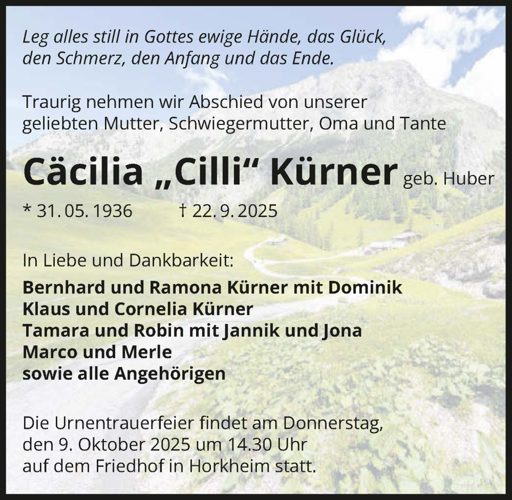  Traueranzeige für Cäcilia Kürner vom 27.09.2025 aus GESAMT