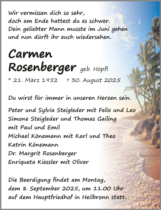 Traueranzeige von Carmen Rosenberger von GESAMT