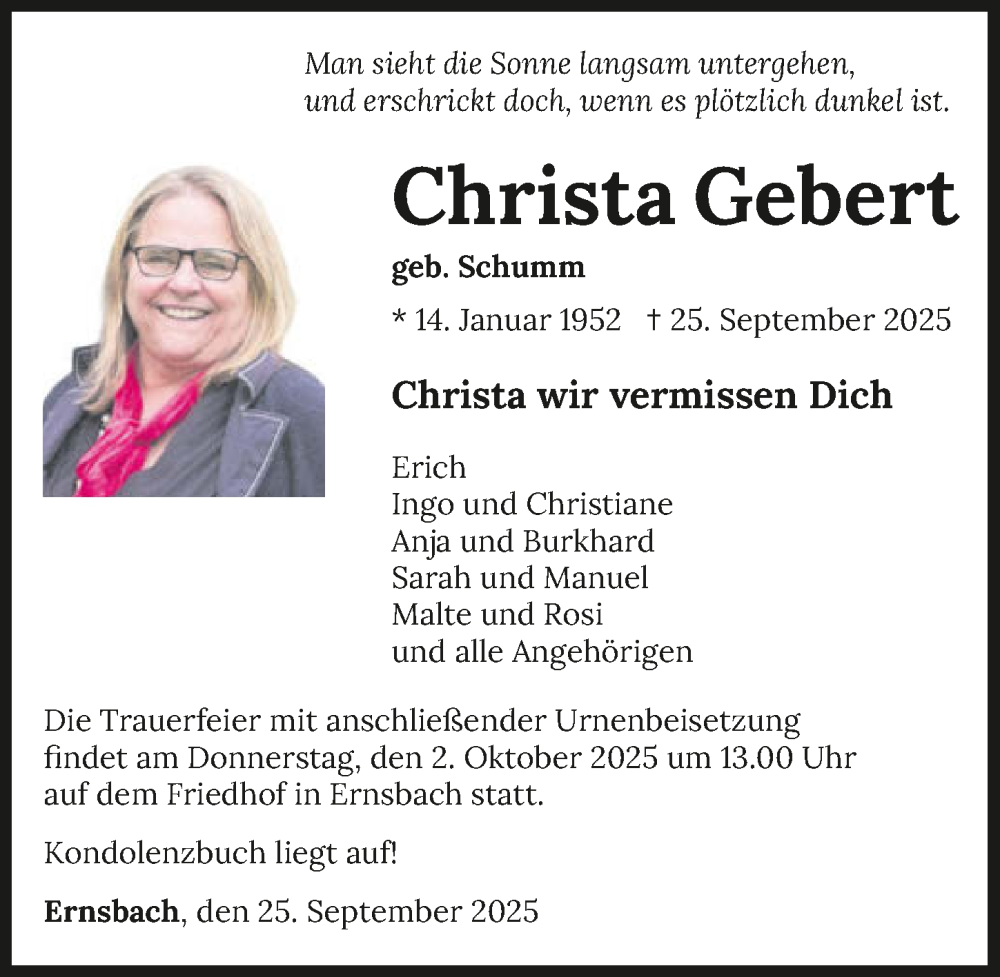  Traueranzeige für Christa Gebert vom 27.09.2025 aus GESAMT