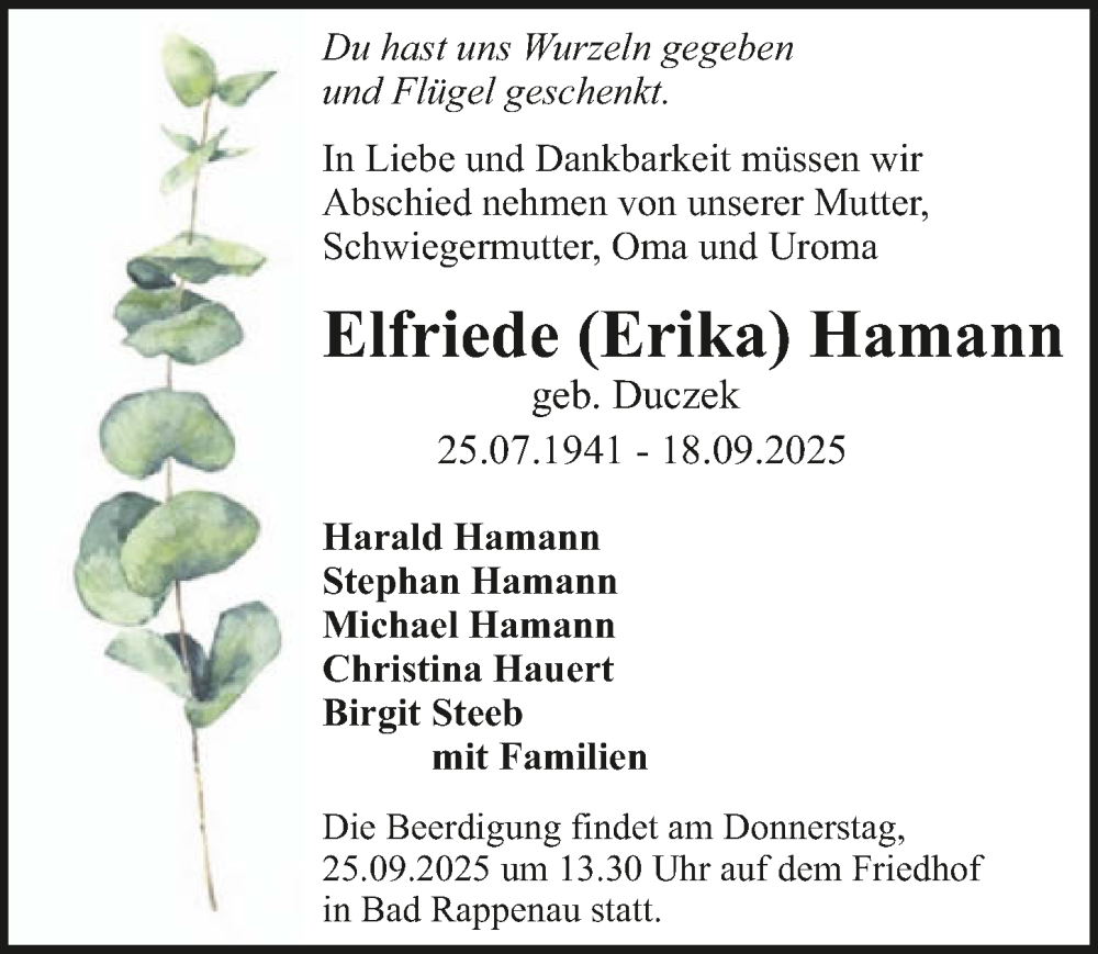  Traueranzeige für Elfriede  Hamann vom 23.09.2025 aus GESAMT