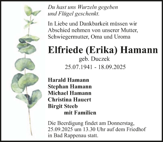 Traueranzeige von Elfriede  Hamann von GESAMT