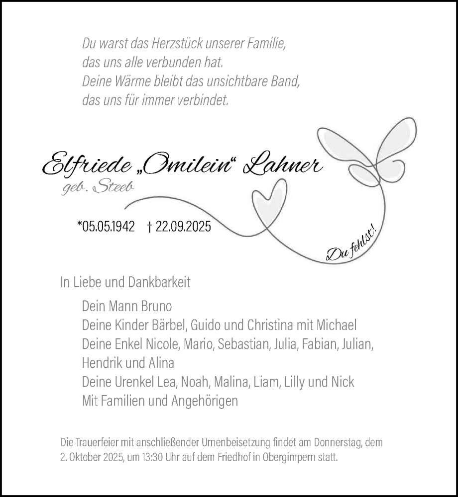  Traueranzeige für Elfriede Lahner vom 27.09.2025 aus GESAMT