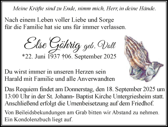 Traueranzeige von Else Göhrig von GESAMT
