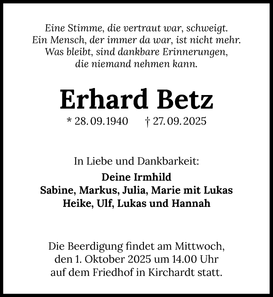  Traueranzeige für Erhard Betz vom 30.09.2025 aus GESAMT