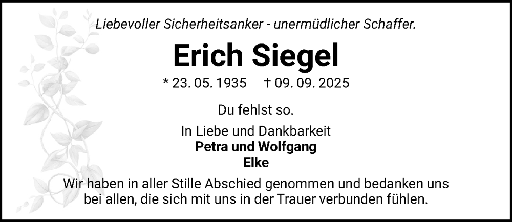  Traueranzeige für Erich Siegel vom 27.09.2025 aus GESAMT
