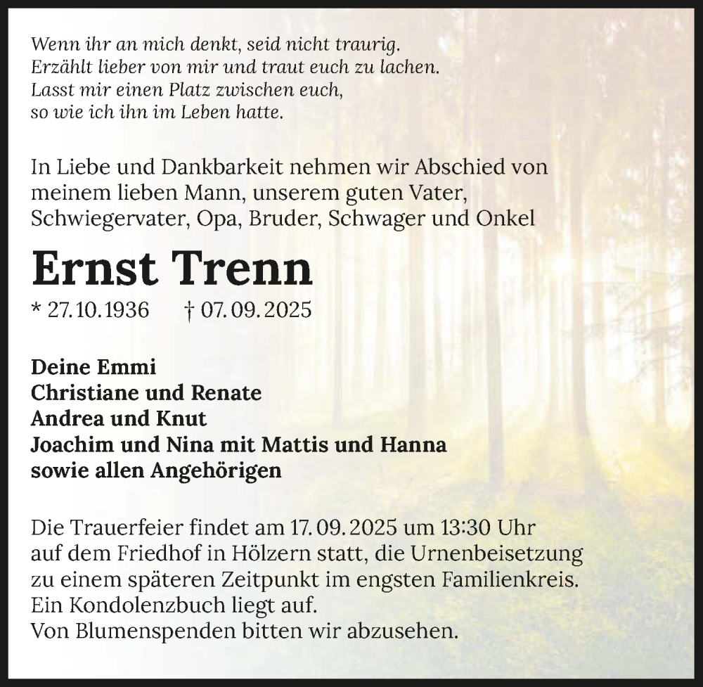  Traueranzeige für Ernst Trenn vom 13.09.2025 aus GESAMT