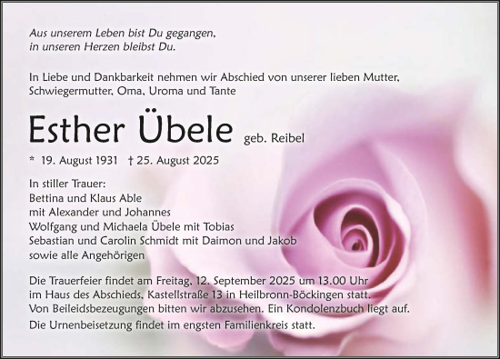 Traueranzeige von Esther Übele von GESAMT