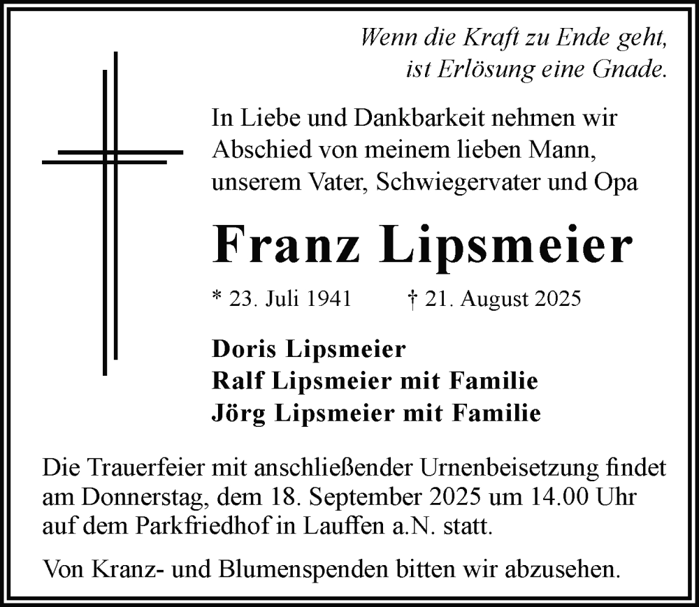  Traueranzeige für Franz Lipsmeier vom 13.09.2025 aus GESAMT