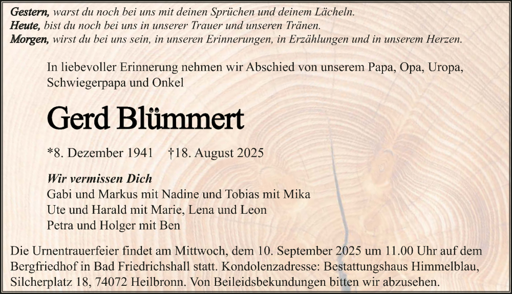  Traueranzeige für Gerd Blümmert vom 06.09.2025 aus GESAMT