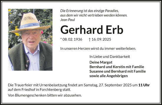 Traueranzeige von Gerhard Erb von GESAMT