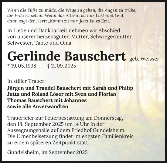 Traueranzeige von Gerlinde Bauschert von GESAMT