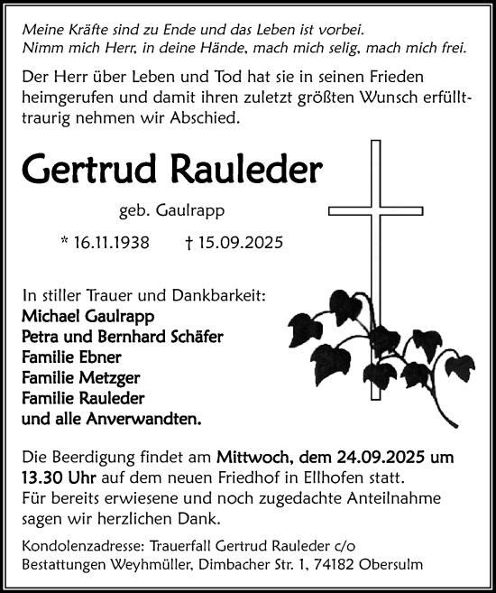 Traueranzeige von Gertrud Rauleder von GESAMT