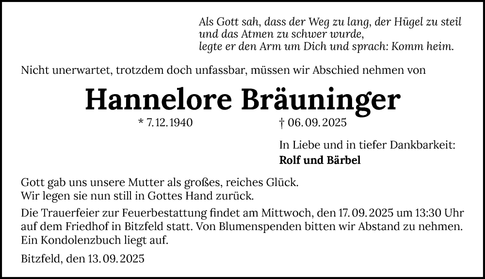  Traueranzeige für Hannelore Bräuninger vom 13.09.2025 aus GESAMT