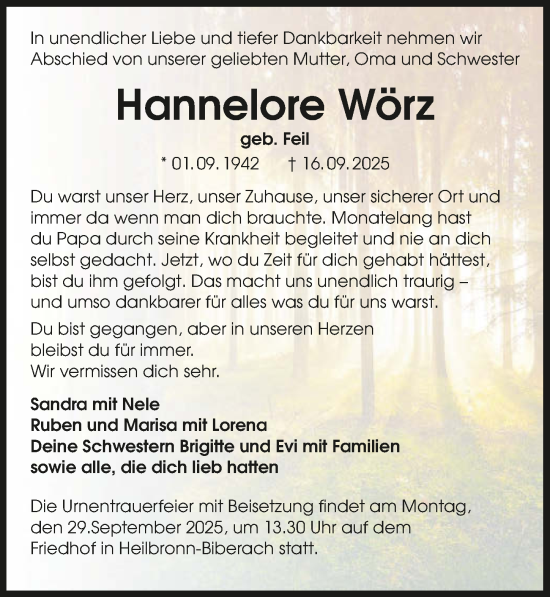 Traueranzeige von Hannelore Wörz von GESAMT