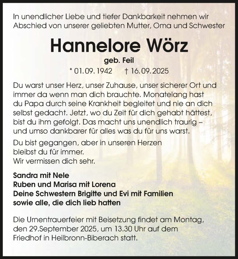  Traueranzeige für Hannelore Wörz vom 27.09.2025 aus GESAMT
