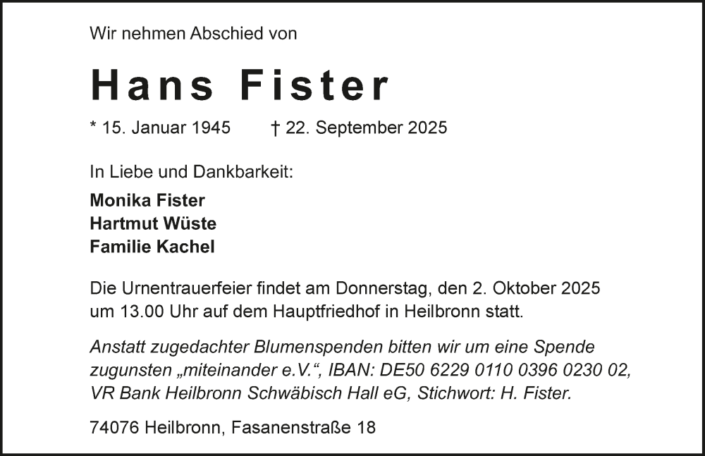  Traueranzeige für Hans Fister vom 27.09.2025 aus GESAMT