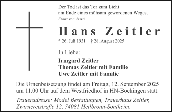 Traueranzeige von Hans Zeitler von GESAMT