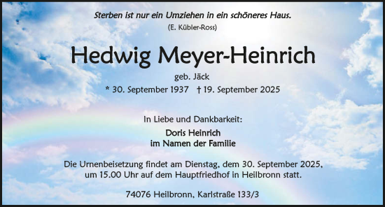 Traueranzeige von Hedwig Meyer-Heinrich von GESAMT