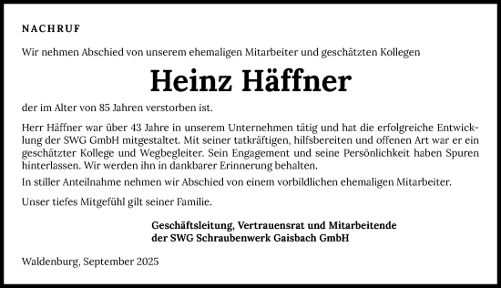 Traueranzeige von Heinz Häffner von GESAMT