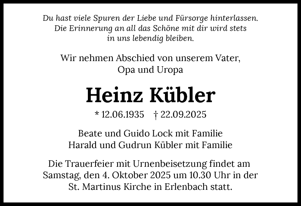  Traueranzeige für Heinz Kübler vom 27.09.2025 aus GESAMT