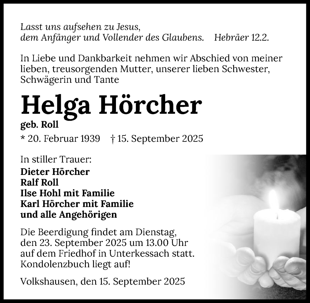  Traueranzeige für Helga Hörcher vom 20.09.2025 aus GESAMT