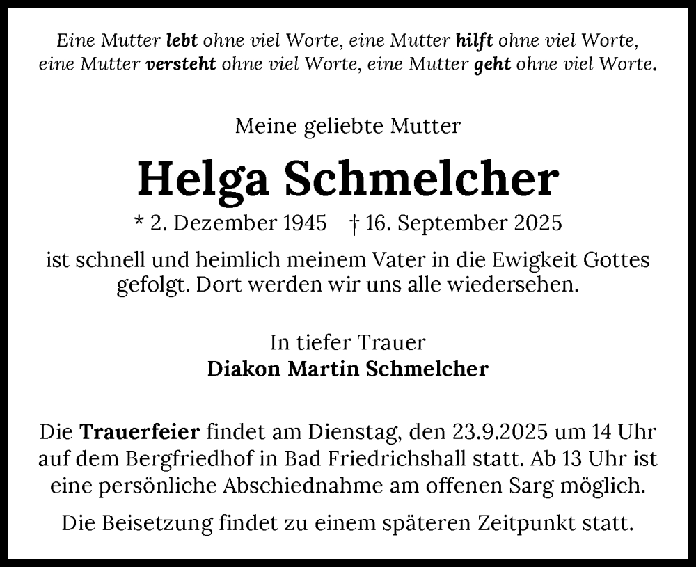  Traueranzeige für Helga Schmelcher vom 20.09.2025 aus GESAMT