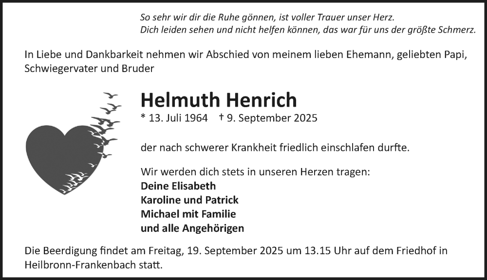  Traueranzeige für Helmuth Henrich vom 17.09.2025 aus GESAMT