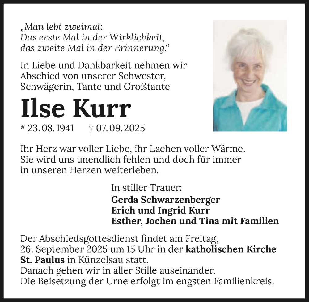  Traueranzeige für Ilse Kurr vom 20.09.2025 aus GESAMT