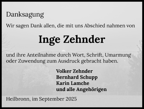 Traueranzeige von Inge Zehnder von GESAMT