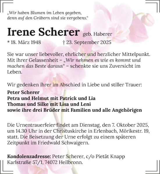 Traueranzeige von Irene Scherer von GESAMT