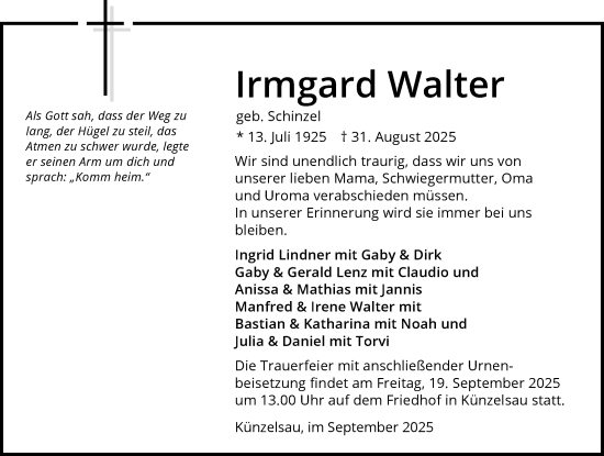 Traueranzeige von Irmgard Walter von GESAMT
