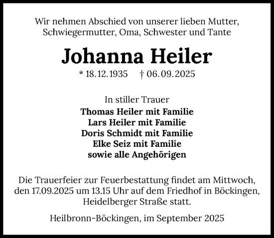 Traueranzeige von Johanna Heiler von GESAMT
