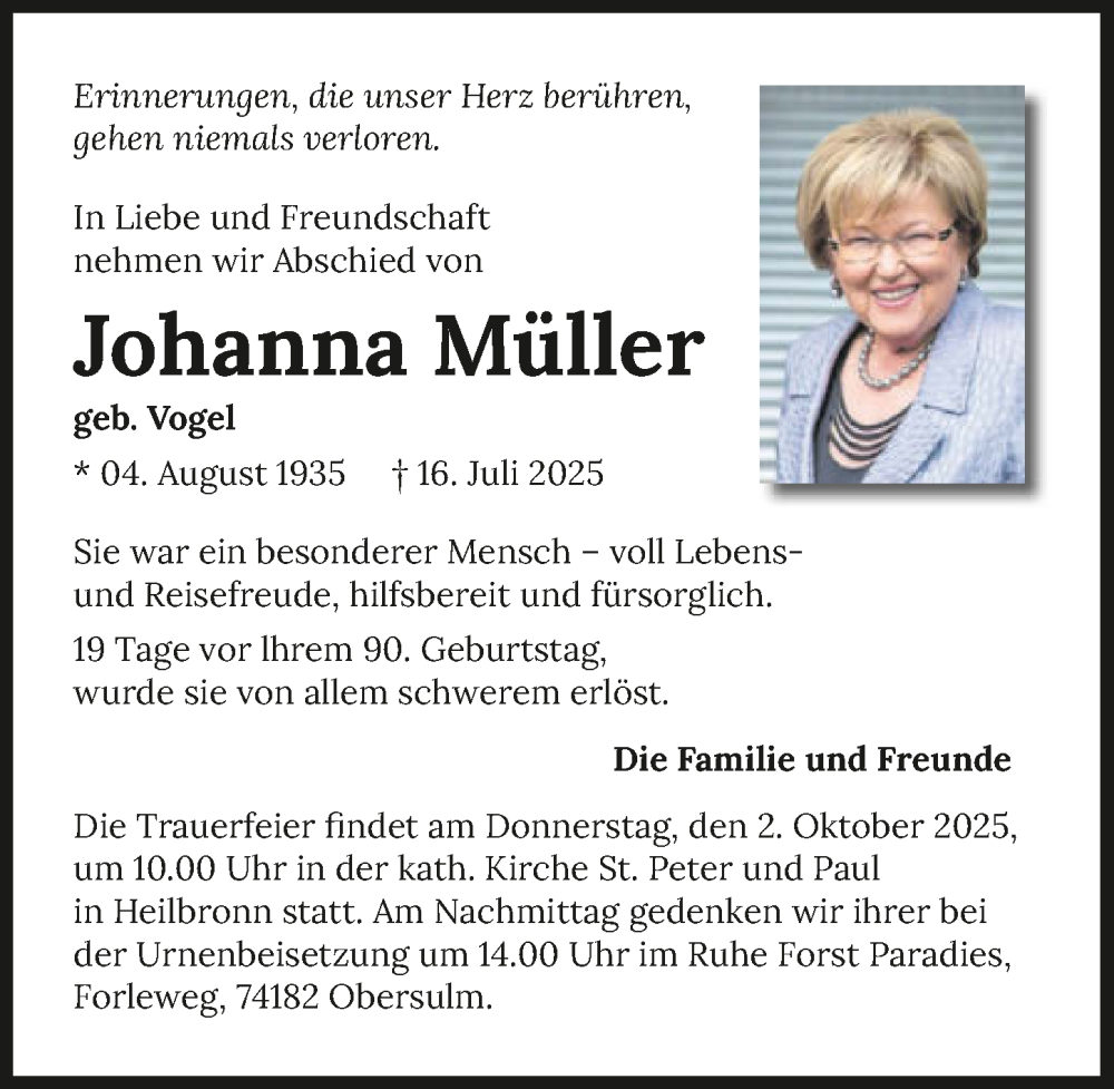  Traueranzeige für Johanna Müller vom 20.09.2025 aus GESAMT