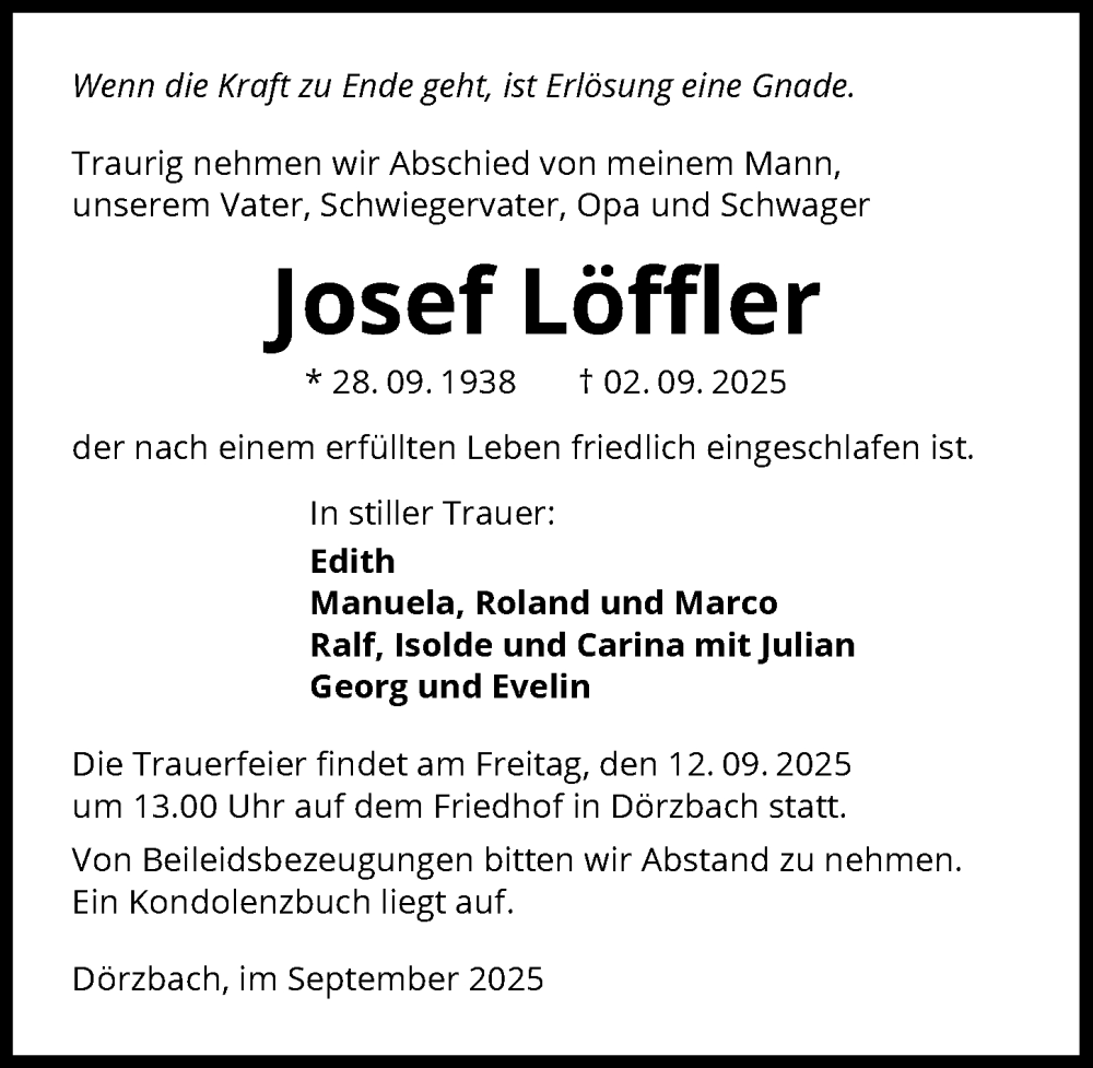  Traueranzeige für Josef Löffler vom 10.09.2025 aus GESAMT