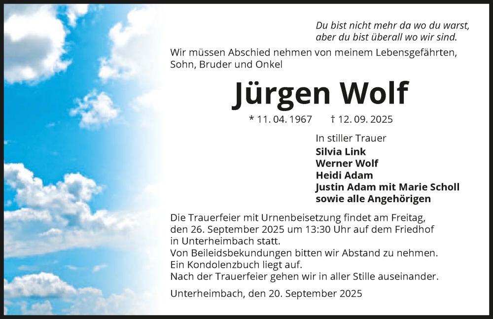  Traueranzeige für Jürgen Wolf vom 20.09.2025 aus GESAMT