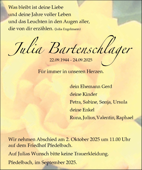 Traueranzeige von Julia Bartenschlager von GESAMT