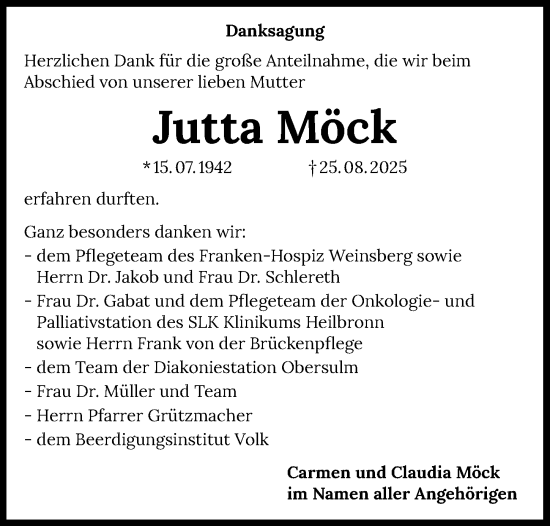Traueranzeige von Jutta Möck von GESAMT