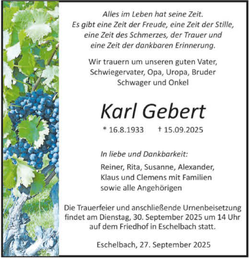  Traueranzeige für Karl Gebert vom 27.09.2025 aus GESAMT