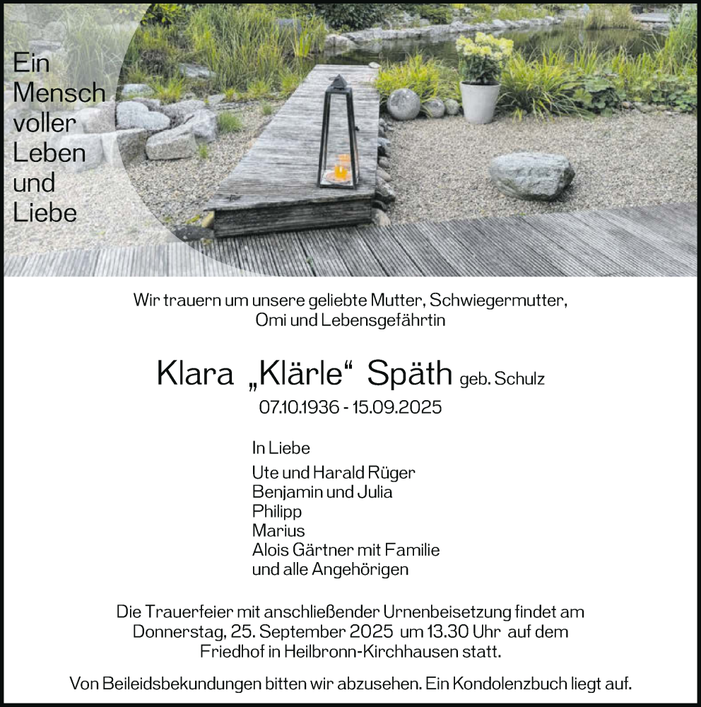  Traueranzeige für Klara Späth vom 20.09.2025 aus GESAMT