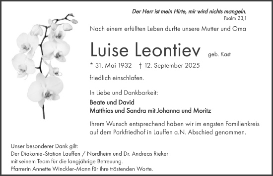 Traueranzeige von Luise Leontiev von GESAMT
