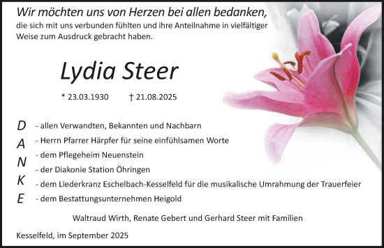 Traueranzeige von Lydia Steer von GESAMT