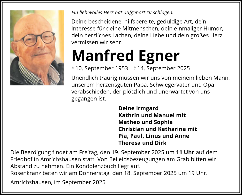  Traueranzeige für Manfred Egner vom 17.09.2025 aus GESAMT