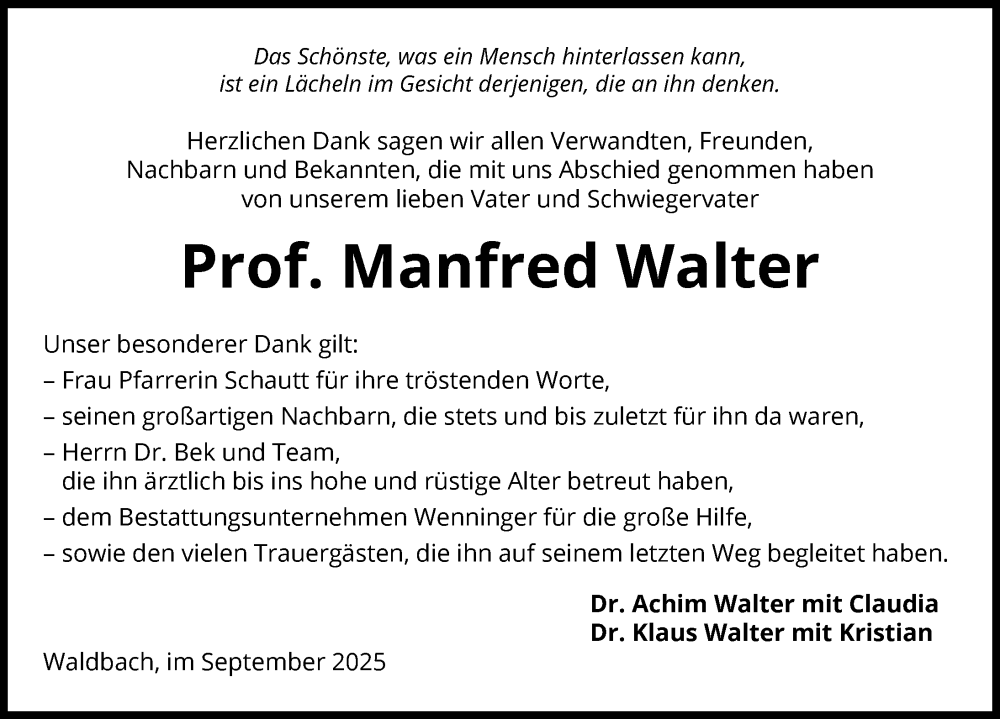  Traueranzeige für Manfred Walter vom 13.09.2025 aus GESAMT