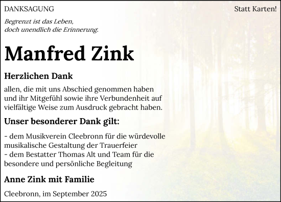 Traueranzeige von Manfred Zink von GESAMT