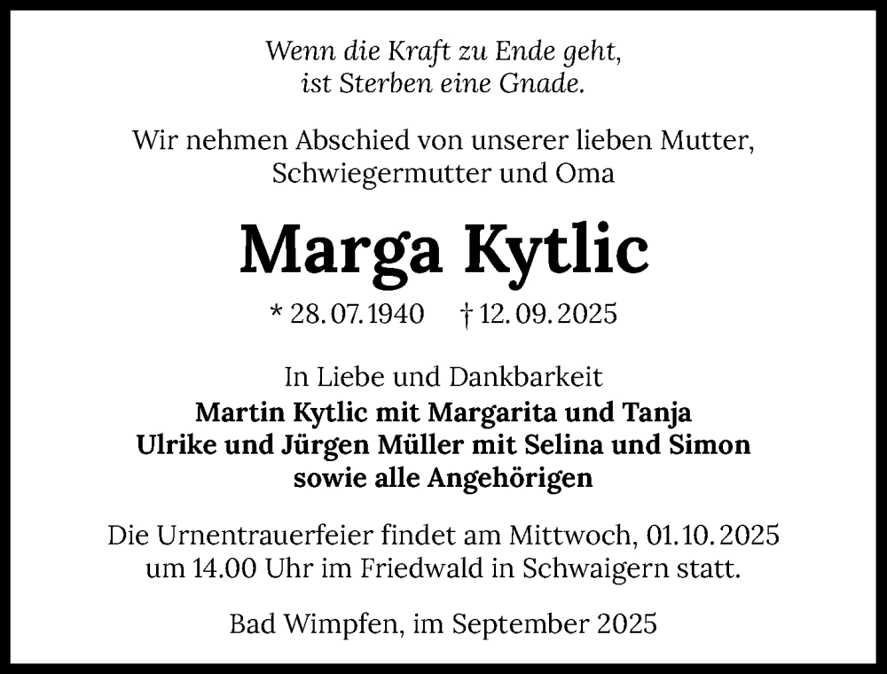  Traueranzeige für Marga Kytlic vom 20.09.2025 aus GESAMT