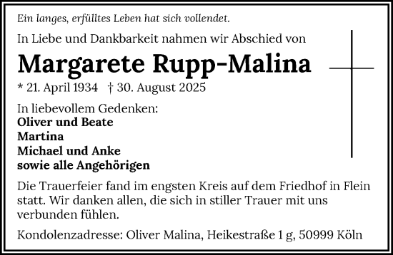 Traueranzeige von Margarete Rupp-Malina von GESAMT