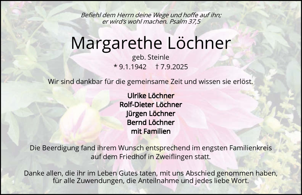  Traueranzeige für Margarethe Löchner vom 20.09.2025 aus GESAMT